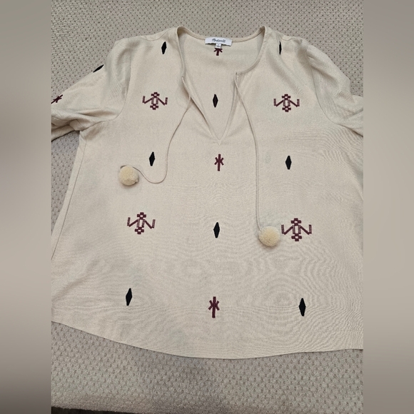 Madewell Embroidered  Top Raw Silk Noil Yarn Size Sm Beige Tribal Print Western - Picture 9 of 14